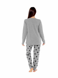 Women's Grey Cotton Pyjama Set with Polka Dot Pants and Frenchie Pugs Print, Long Sleeve Top, Comfortable Loungewear, Soft Breathable Fabric, Hypoallergenic, Stylish Sleepwear by Daisy Dreamer Pyjamas