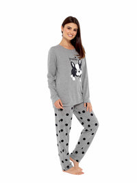 Women's Grey Cotton Pyjama Set with Polka Dot Pants and Frenchie Pugs Print, Long Sleeve Top, Comfortable Loungewear, Soft Breathable Fabric, Hypoallergenic, Stylish Sleepwear by Daisy Dreamer Pyjamas
