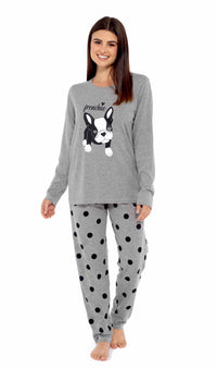 Women's Grey Cotton Pyjama Set with Polka Dot Pants and Frenchie Pugs Print, Long Sleeve Top, Comfortable Loungewear, Soft Breathable Fabric, Hypoallergenic, Stylish Sleepwear by Daisy Dreamer Pyjamas