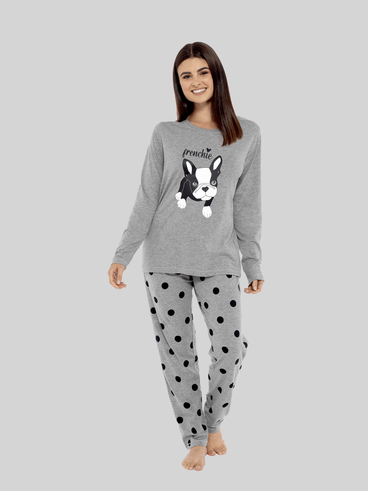 Women's Grey Cotton Pyjama Set with Polka Dot Pants and Frenchie Pugs Print, Long Sleeve Top, Comfortable Loungewear, Soft Breathable Fabric, Hypoallergenic, Stylish Sleepwear by Daisy Dreamer SMALL | UK 8-10 Pyjamas