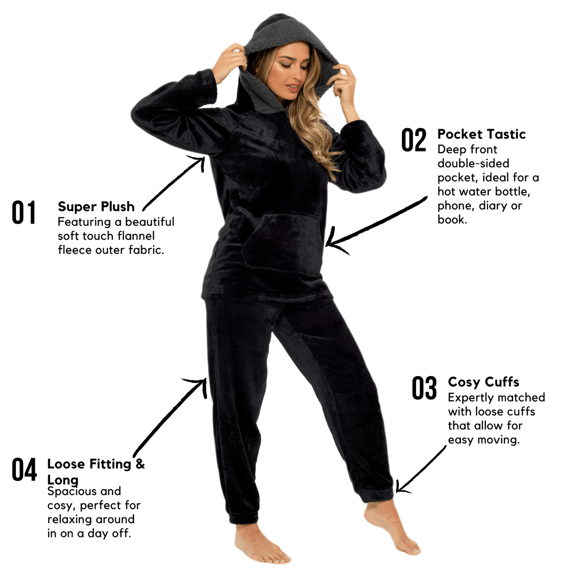 Women's Ultra-Soft Black Plush Fleece Hooded Pyjama Set with Sherpa Lining Cosy Durable Nightwear Sizes S to XL by Daisy Dreamer Pyjamas