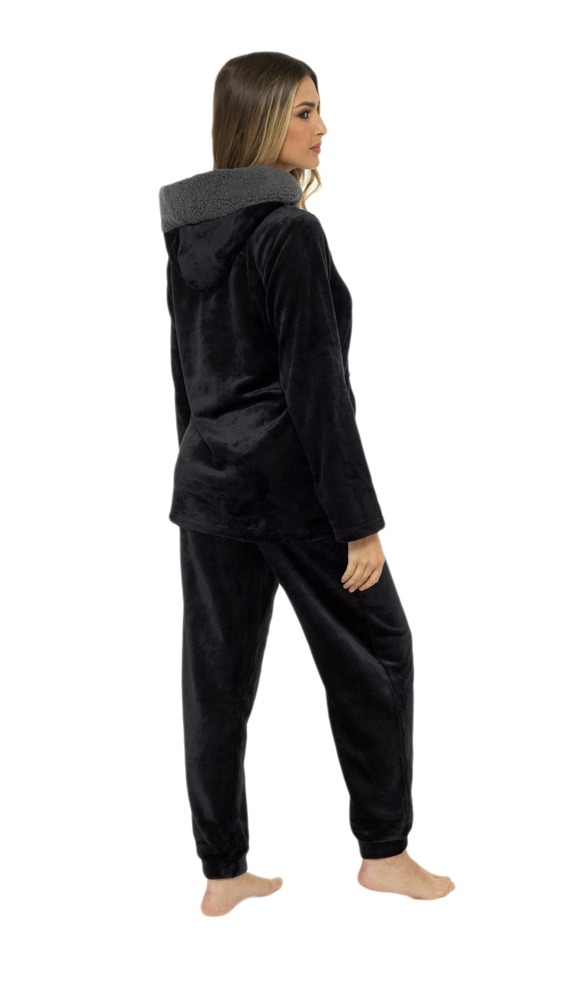 Women's Ultra-Soft Black Plush Fleece Hooded Pyjama Set with Sherpa Lining Cosy Durable Nightwear Sizes S to XL by Daisy Dreamer Pyjamas