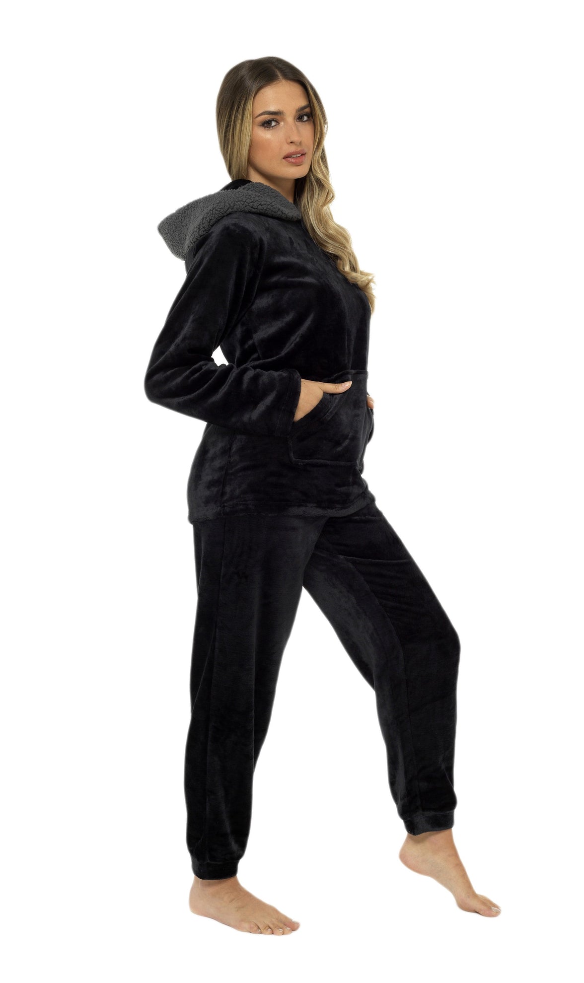 Women's Ultra-Soft Black Plush Fleece Hooded Pyjama Set with Sherpa Lining Cosy Durable Nightwear Sizes S to XL by Daisy Dreamer Pyjamas