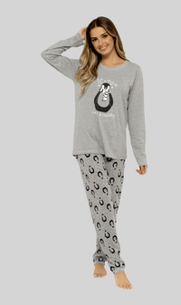 Women's Grey Cotton Pyjama Set Penguin Stars Design Soft Long Sleeve Top and Elasticated Bottoms Stylish Nightwear by Daisy Dreamer SMALL | UK 8-10 Pyjamas