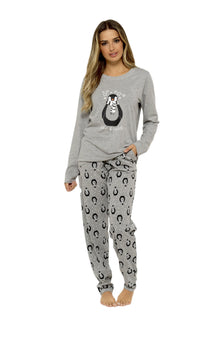 Women's Grey Cotton Pyjama Set Penguin Stars Design Soft Long Sleeve Top and Elasticated Bottoms Stylish Nightwear by Daisy Dreamer Pyjamas