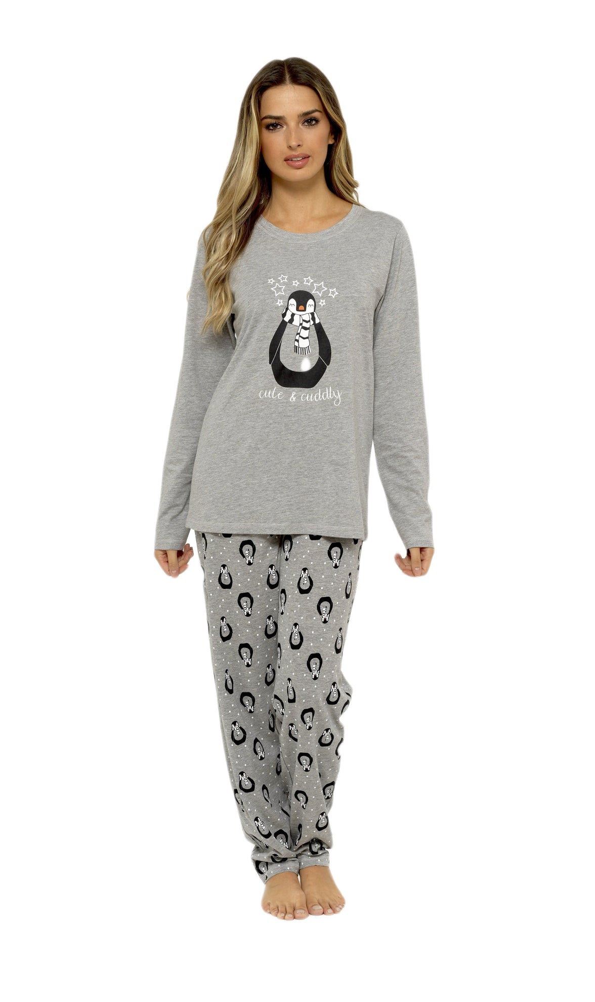 Women's Grey Cotton Pyjama Set Penguin Stars Design Soft Long Sleeve Top and Elasticated Bottoms Stylish Nightwear by Daisy Dreamer Pyjamas