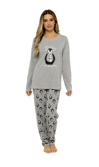 Women's Grey Cotton Pyjama Set Penguin Stars Design Soft Long Sleeve Top and Elasticated Bottoms Stylish Nightwear by Daisy Dreamer Pyjamas