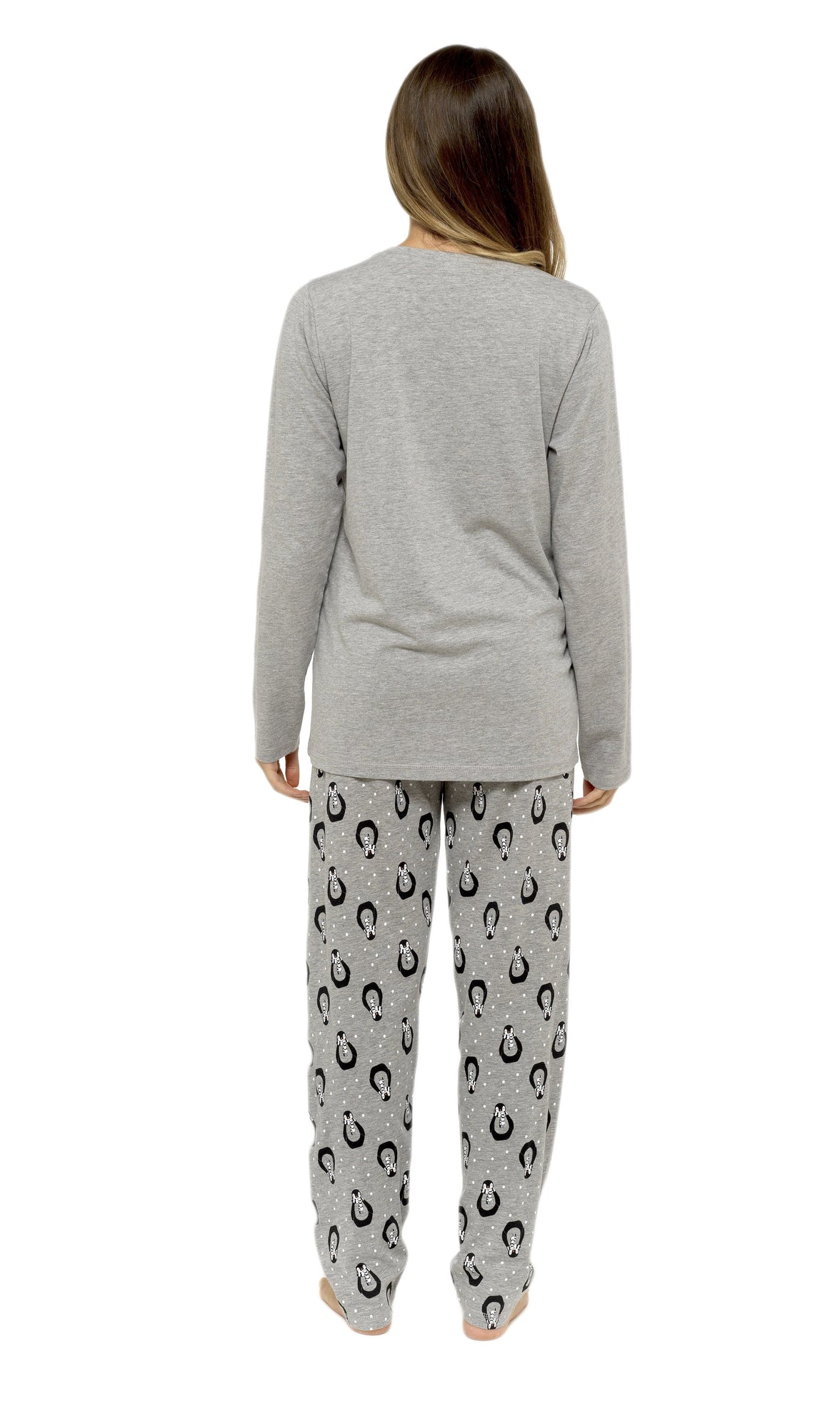 Women's Grey Cotton Pyjama Set Penguin Stars Design Soft Long Sleeve Top and Elasticated Bottoms Stylish Nightwear by Daisy Dreamer Pyjamas