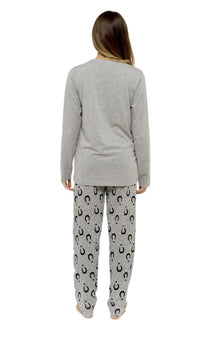 Women's Grey Cotton Pyjama Set Penguin Stars Design Soft Long Sleeve Top and Elasticated Bottoms Stylish Nightwear by Daisy Dreamer Pyjamas