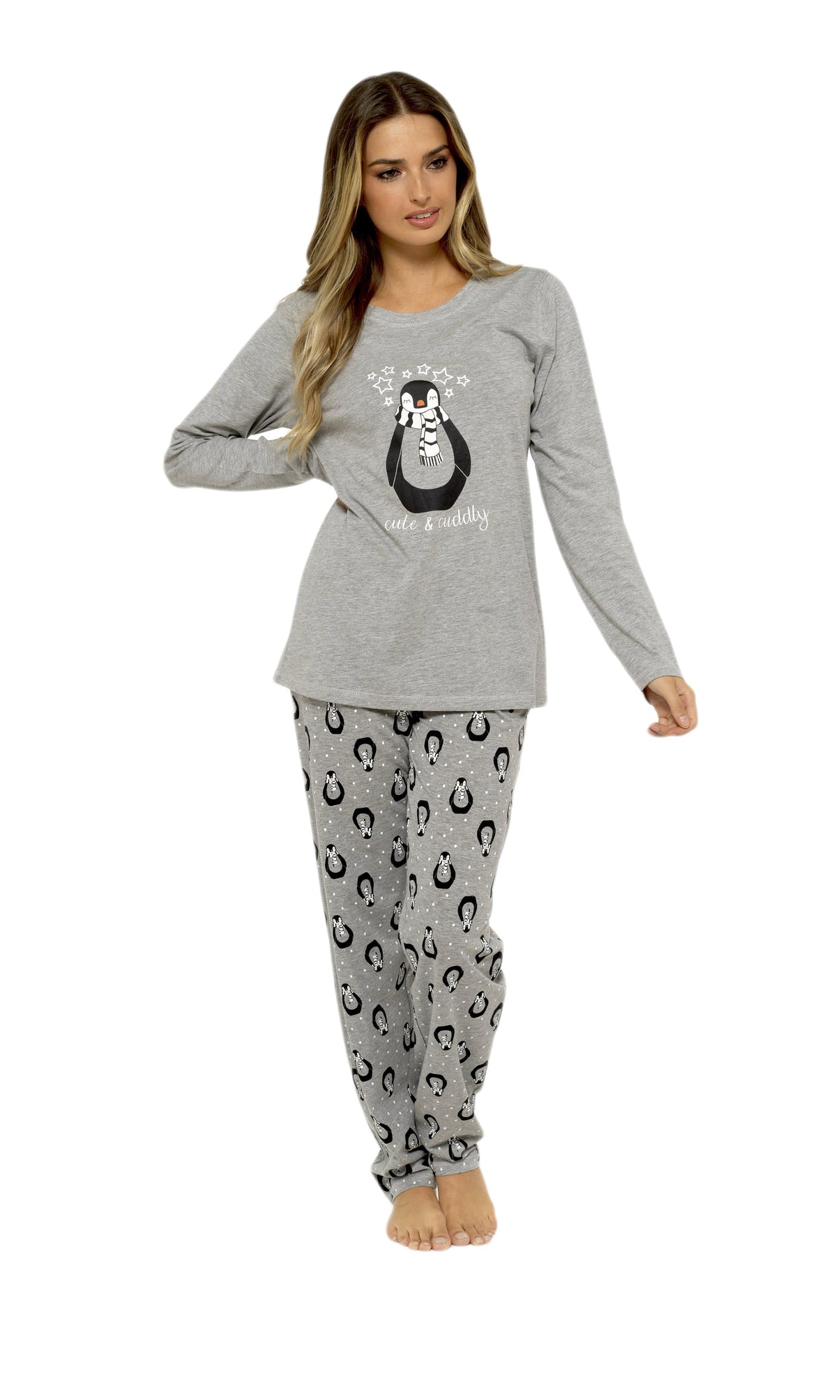 Women's Grey Cotton Pyjama Set Penguin Stars Design Soft Long Sleeve Top and Elasticated Bottoms Stylish Nightwear by Daisy Dreamer Pyjamas