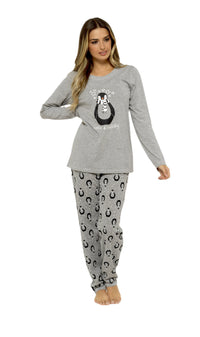 Women's Grey Cotton Pyjama Set Penguin Stars Design Soft Long Sleeve Top and Elasticated Bottoms Stylish Nightwear by Daisy Dreamer Pyjamas