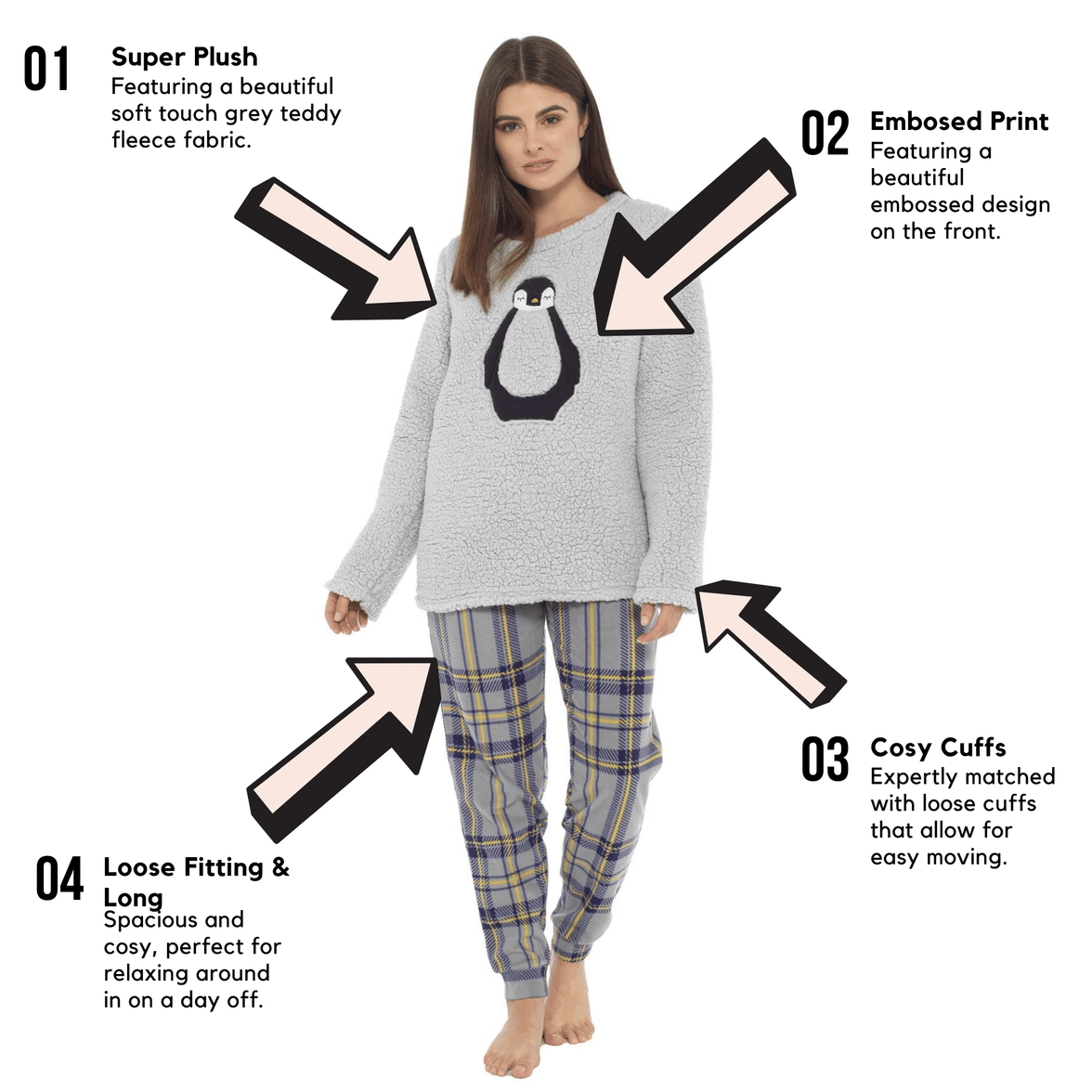 Women's Teddy Fleece Pyjama Set with Penguin Design Soft Cosy Nightwear Stylish Loungewear Warm Snuggle PJs with Contrasting Bottoms for Chilly Evenings by Daisy Dreamer Pyjamas