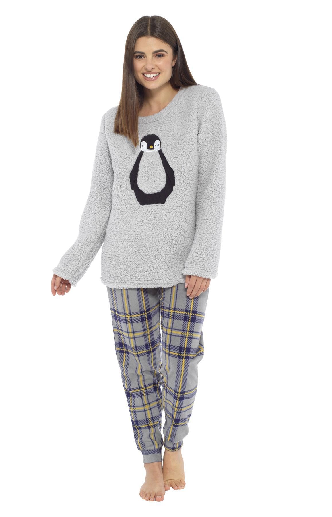 Women's Teddy Fleece Pyjama Set with Penguin Design Soft Cosy Nightwear Stylish Loungewear Warm Snuggle PJs with Contrasting Bottoms for Chilly Evenings by Daisy Dreamer Pyjamas