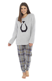 Women's Teddy Fleece Pyjama Set with Penguin Design Soft Cosy Nightwear Stylish Loungewear Warm Snuggle PJs with Contrasting Bottoms for Chilly Evenings by Daisy Dreamer Pyjamas