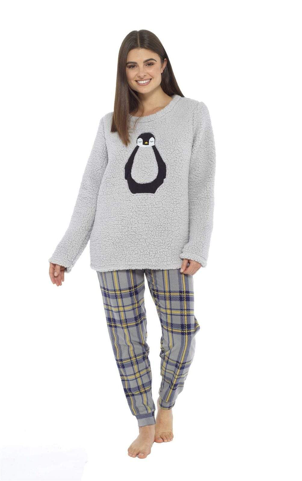Women's Teddy Fleece Pyjama Set with Penguin Design Soft Cosy Nightwear Stylish Loungewear Warm Snuggle PJs with Contrasting Bottoms for Chilly Evenings by Daisy Dreamer Pyjamas