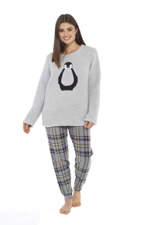 Women's Teddy Fleece Pyjama Set with Penguin Design Soft Cosy Nightwear Stylish Loungewear Warm Snuggle PJs with Contrasting Bottoms for Chilly Evenings by Daisy Dreamer Pyjamas