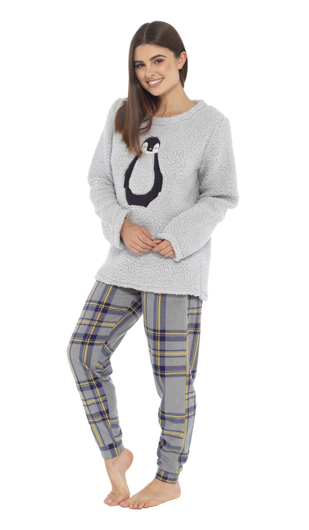 Women's Teddy Fleece Pyjama Set with Penguin Design Soft Cosy Nightwear Stylish Loungewear Warm Snuggle PJs with Contrasting Bottoms for Chilly Evenings by Daisy Dreamer Pyjamas