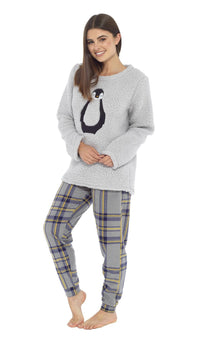 Women's Teddy Fleece Pyjama Set with Penguin Design Soft Cosy Nightwear Stylish Loungewear Warm Snuggle PJs with Contrasting Bottoms for Chilly Evenings by Daisy Dreamer Pyjamas