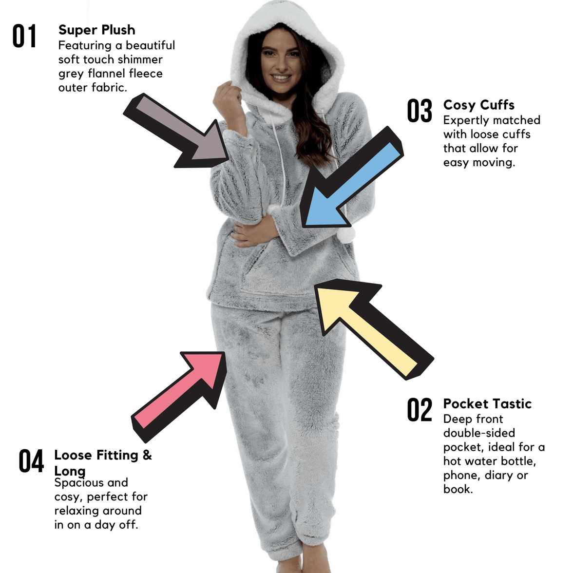 Women's Shimmer Grey Plush Fleece Hooded Pyjama Set with Sherpa Trim Cosy Stylish Nightwear Loungewear Gift for Women by Daisy Dreamer Pyjamas