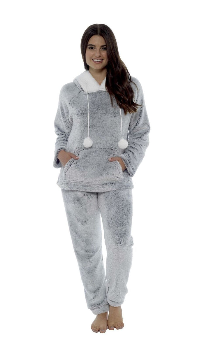 Women's Shimmer Grey Plush Fleece Hooded Pyjama Set with Sherpa Trim Cosy Stylish Nightwear Loungewear Gift for Women by Daisy Dreamer SMALL | UK 8-10 Pyjamas