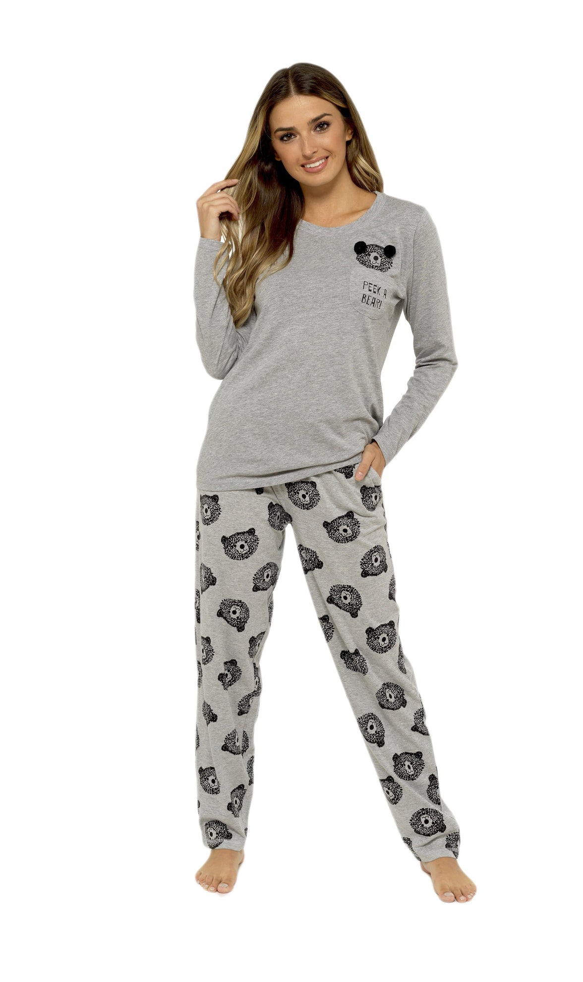 Women's Grey Cotton Pyjama Set with Teddy Bear Design Soft Jersey Long Sleeve Top and Elasticated Bottoms Cosy Breathable Nightwear Loungewear Various Sizes by Daisy Dreamer Pyjamas