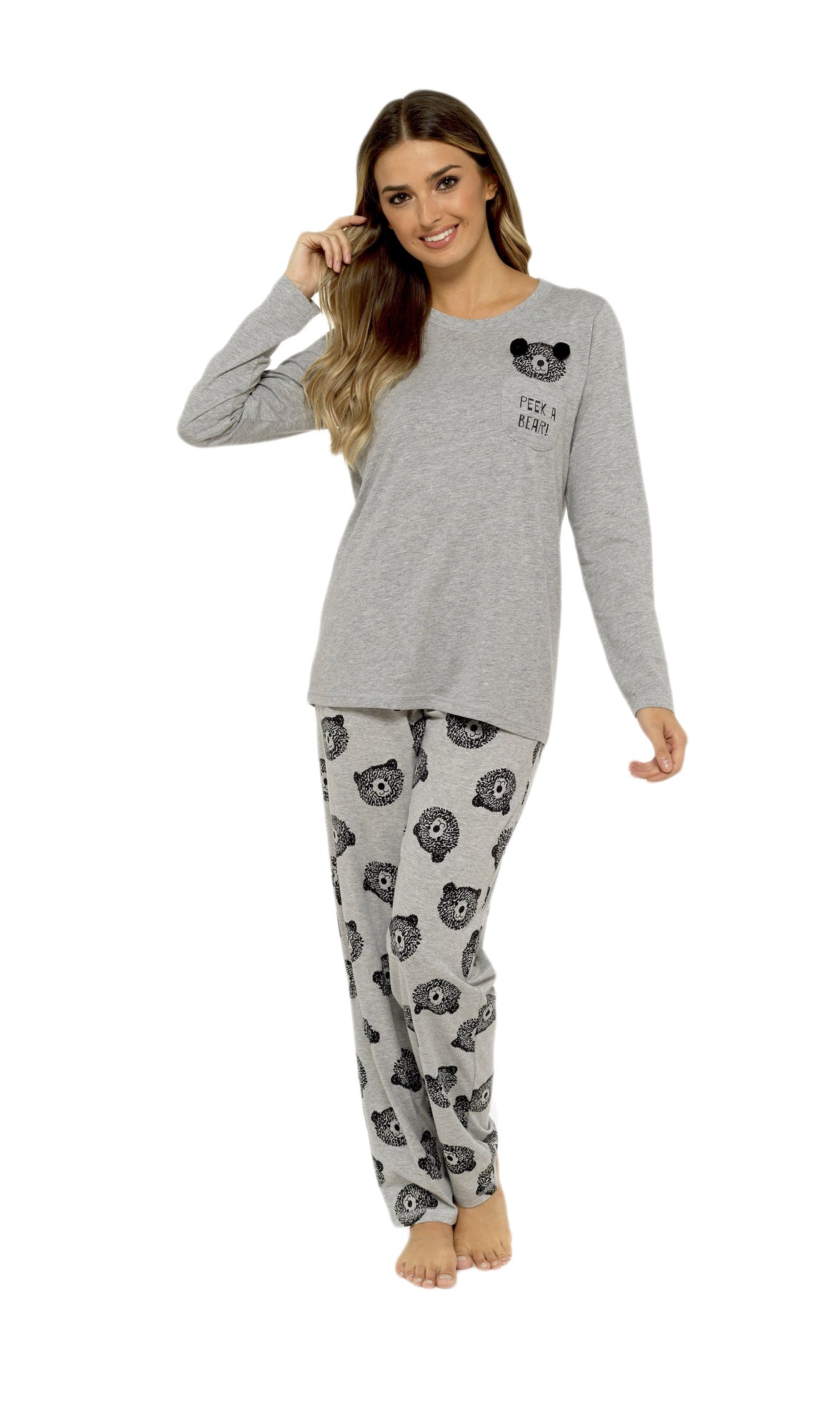 Women's Grey Cotton Pyjama Set with Teddy Bear Design Soft Jersey Long Sleeve Top and Elasticated Bottoms Cosy Breathable Nightwear Loungewear Various Sizes by Daisy Dreamer Pyjamas