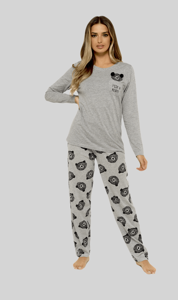 Women's Grey Cotton Pyjama Set with Teddy Bear Design Soft Jersey Long Sleeve Top and Elasticated Bottoms Cosy Breathable Nightwear Loungewear Various Sizes by Daisy Dreamer SMALL | UK 8-10 Pyjamas