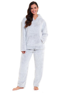 Women's Grey Plush Fleece Hooded Pyjama Set Soft Cosy Nightwear Teddy Fabric Loungewear Available in Sizes UK 8-22 by Daisy Dreamer Pyjamas