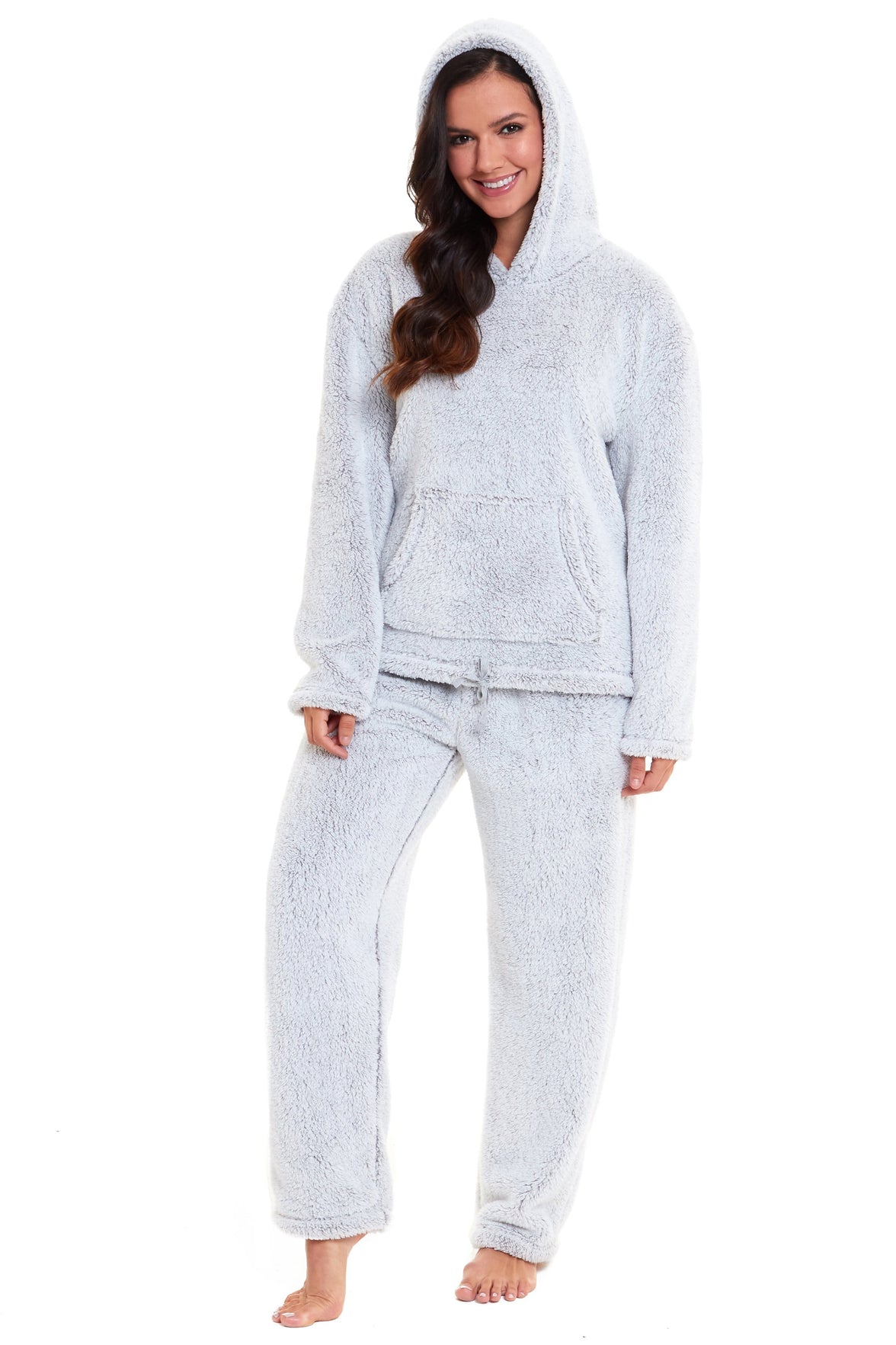 Women's Grey Plush Fleece Hooded Pyjama Set Soft Cosy Nightwear Teddy Fabric Loungewear Available in Sizes UK 8-22 by Daisy Dreamer Pyjamas