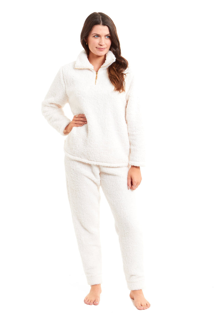 Women's Super Soft Teddy Fleece Lounge Set Cosy Fluffy Zip-Up Pyjama with Elasticated Waistband Warm Nightwear by Daisy Dreamer SMALL | UK 8-10 / CREAM Pyjamas