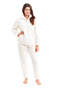 Women's Super Soft Teddy Fleece Lounge Set Cosy Fluffy Zip-Up Pyjama with Elasticated Waistband Warm Nightwear by Daisy Dreamer SMALL | UK 8-10 / CREAM Pyjamas