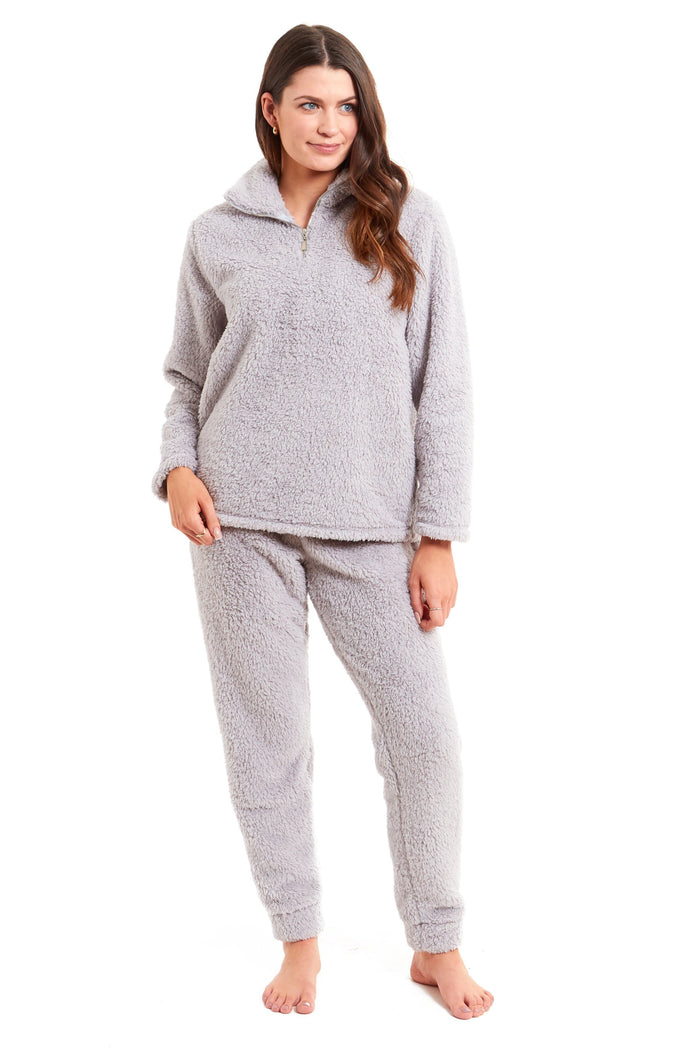 Women's Super Soft Teddy Fleece Lounge Set Cosy Fluffy Zip-Up Pyjama with Elasticated Waistband Warm Nightwear by Daisy Dreamer SMALL | UK 8-10 / GREY Pyjamas