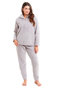 Women's Super Soft Teddy Fleece Lounge Set Cosy Fluffy Zip-Up Pyjama with Elasticated Waistband Warm Nightwear by Daisy Dreamer SMALL | UK 8-10 / GREY Pyjamas