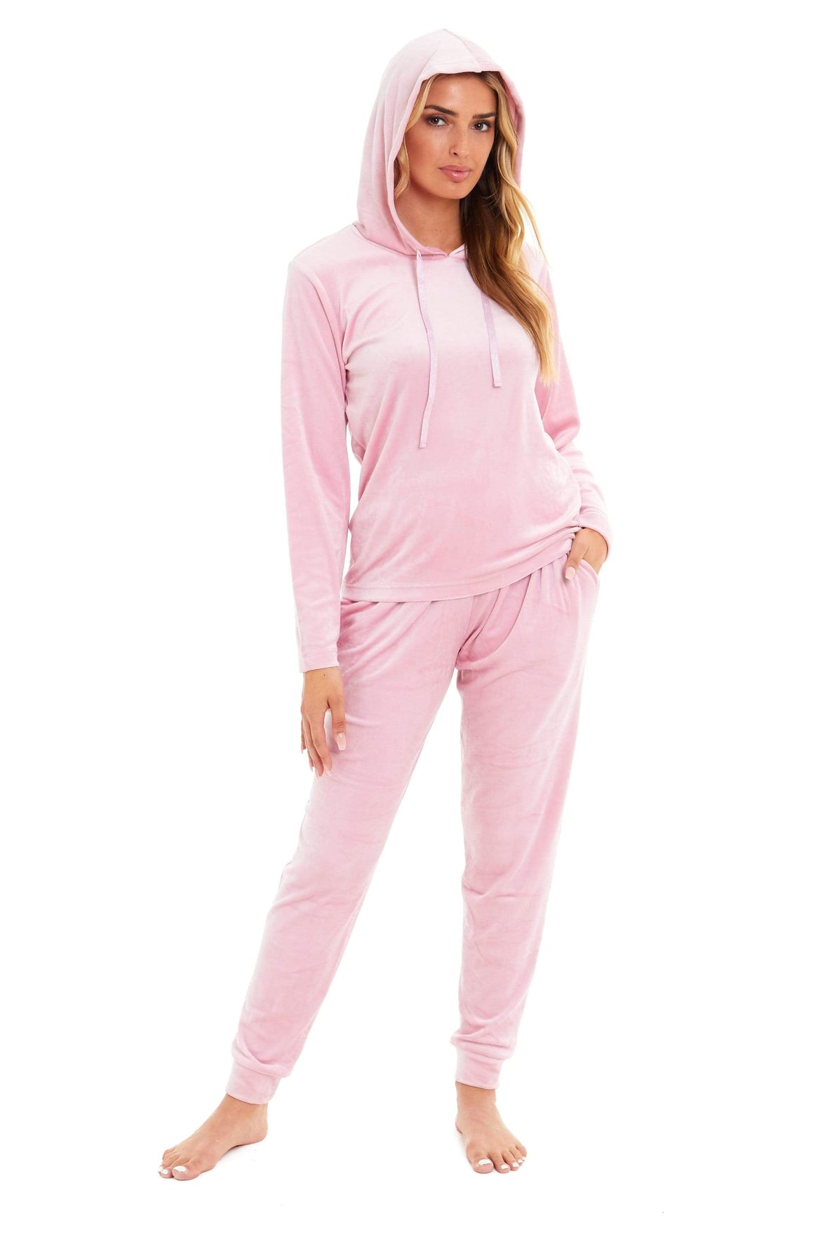 Women's Soft Touch Velour Hooded Pyjama Set Warm Stretchable Nightwear Perfect for Lounging Sleeping Sizes 8-22 by Daisy Dreamer SMALL | UK 8-10 / PINK Pyjamas