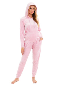 Women's Soft Touch Velour Hooded Pyjama Set Warm Stretchable Nightwear Perfect for Lounging Sleeping Sizes 8-22 by Daisy Dreamer SMALL | UK 8-10 / PINK Pyjamas