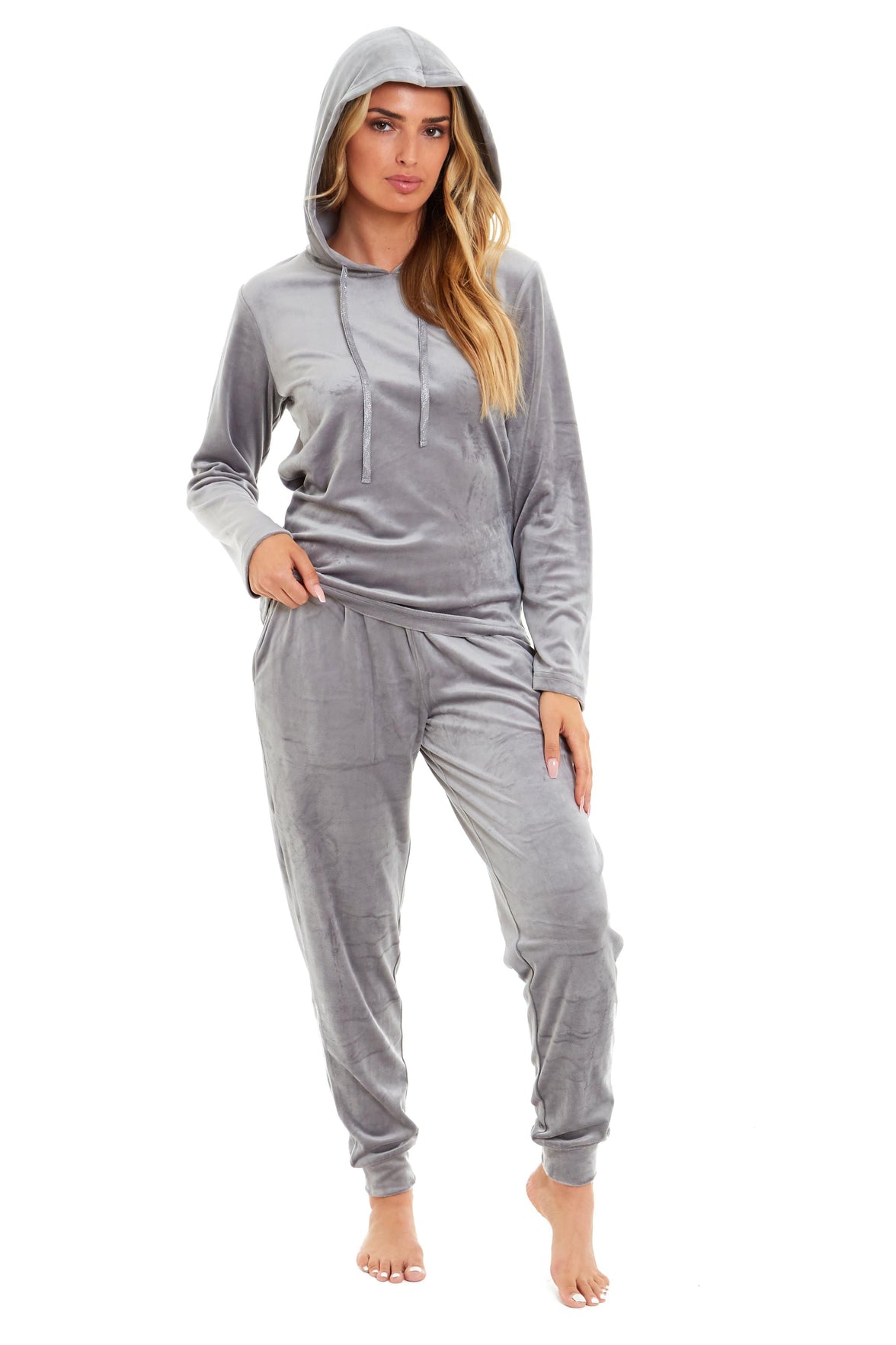 Women's Soft Touch Velour Hooded Pyjama Set Warm Stretchable Nightwear Perfect for Lounging Sleeping Sizes 8-22 by Daisy Dreamer SMALL | UK 8-10 / GREY Pyjamas
