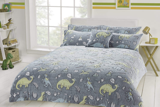 Dinosaur Glow In The Dark Teddy Fleece Bedding Set with Bed Throw and Cushion Prehistoric Design for Kids Available in Single and Double Sizes by OLIVIA ROCCO SINGLE Duvet Cover