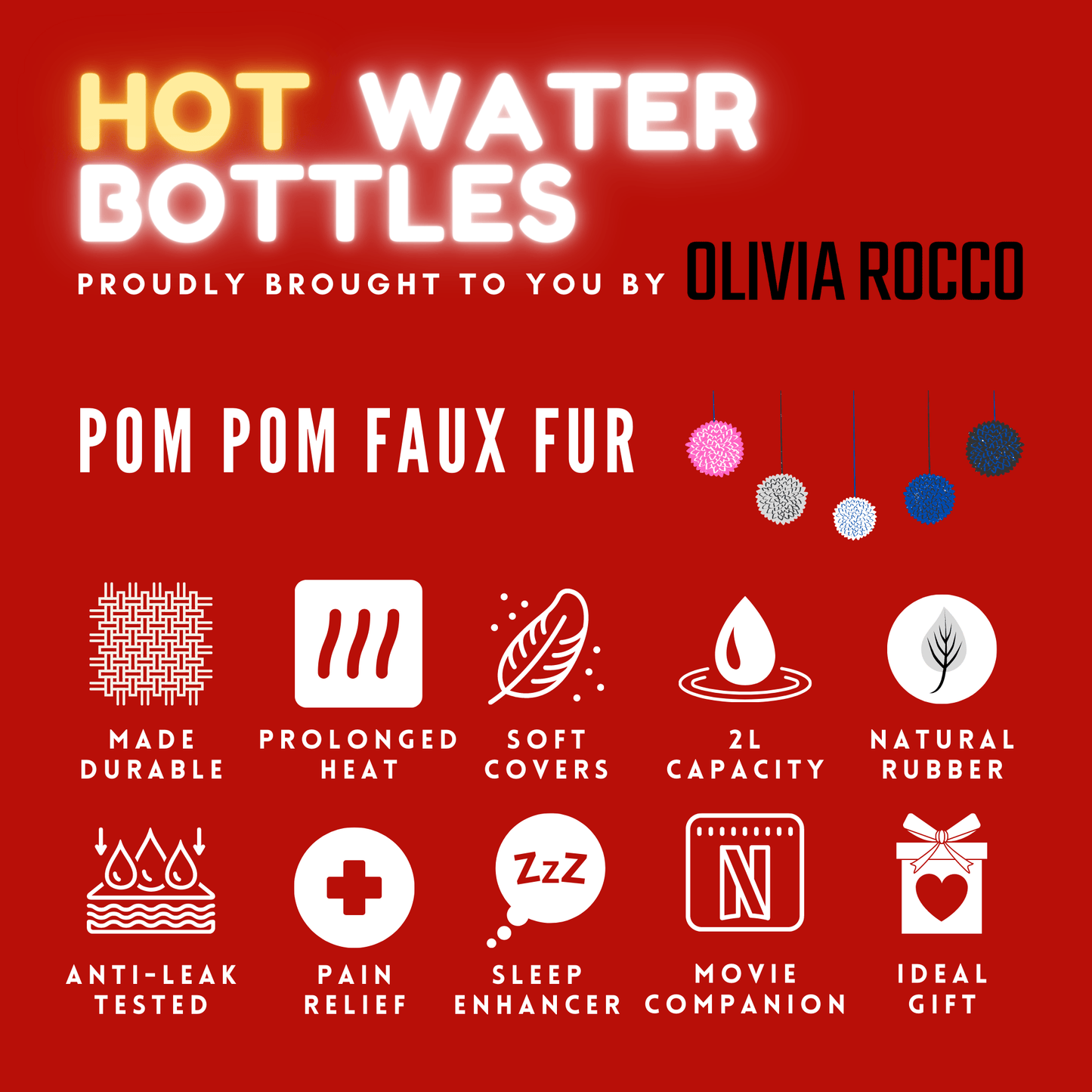 Faux Fur Pom Pom Hot Water Bottle, 2L Capacity OLIVIA ROCCO Hot Water Bottle