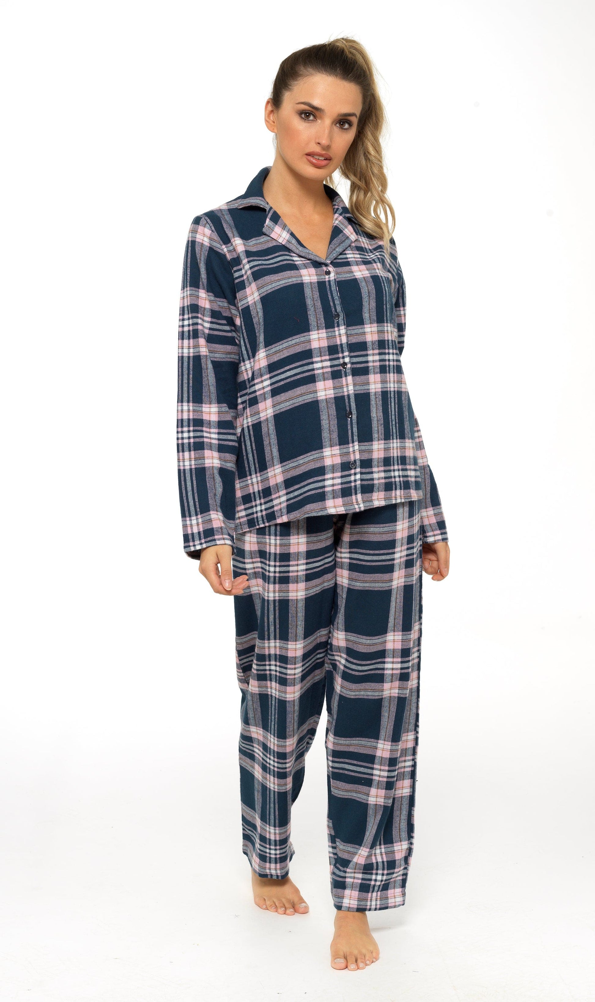 Flannelette Check Pyjama Set, Soft Brushed Cotton PJs SMALL | UK 8-10 / Navy Daisy Dreamer Pyjamas