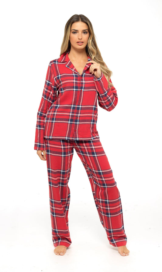Flannelette Check Pyjama Set, Soft Brushed Cotton PJs SMALL | UK 8-10 / Red Daisy Dreamer Pyjamas