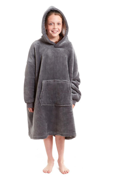 Kids Oversized Hooded Fleece Blanket Ultra-Soft Sherpa Fur with Elastic Cuffs and Double Pocket for Ages 8-15 by Daisy Dreamer GREY Hooded Blanket