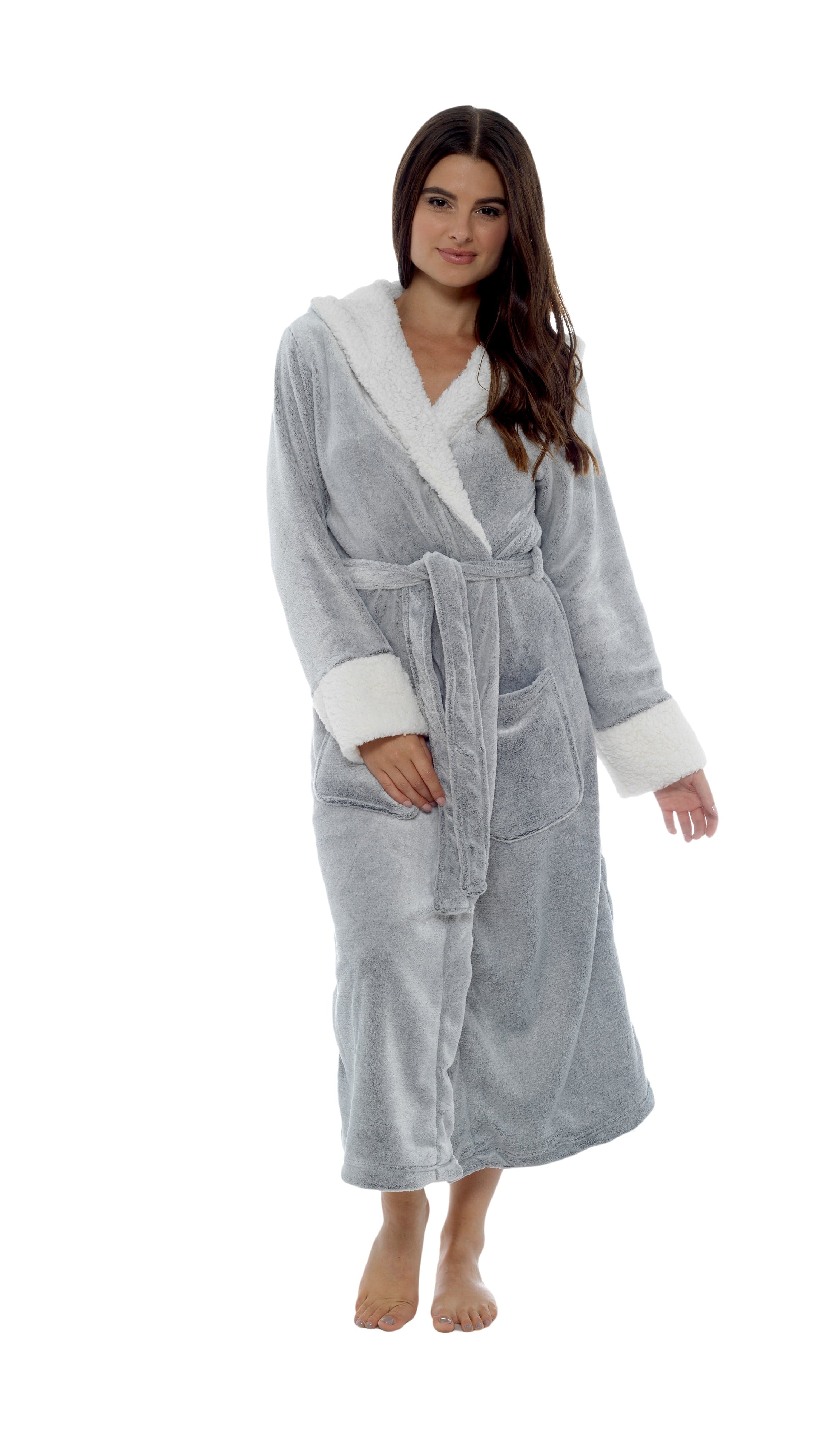 Buy Loungeable Grey and Silver Super-soft Luxury Fleece Hooded Dressing Gown  with Satin Trims from Next Luxembourg