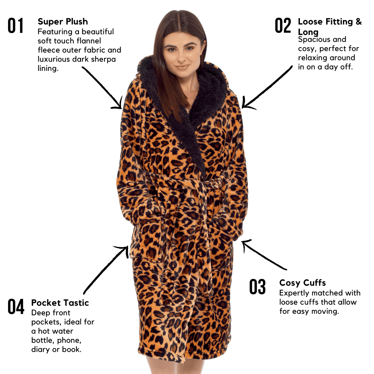 Leopard Plush Fleece Hooded Robe Dressing Gown With Reversible Sherpa Lining Daisy Dreamer Dressing Gown