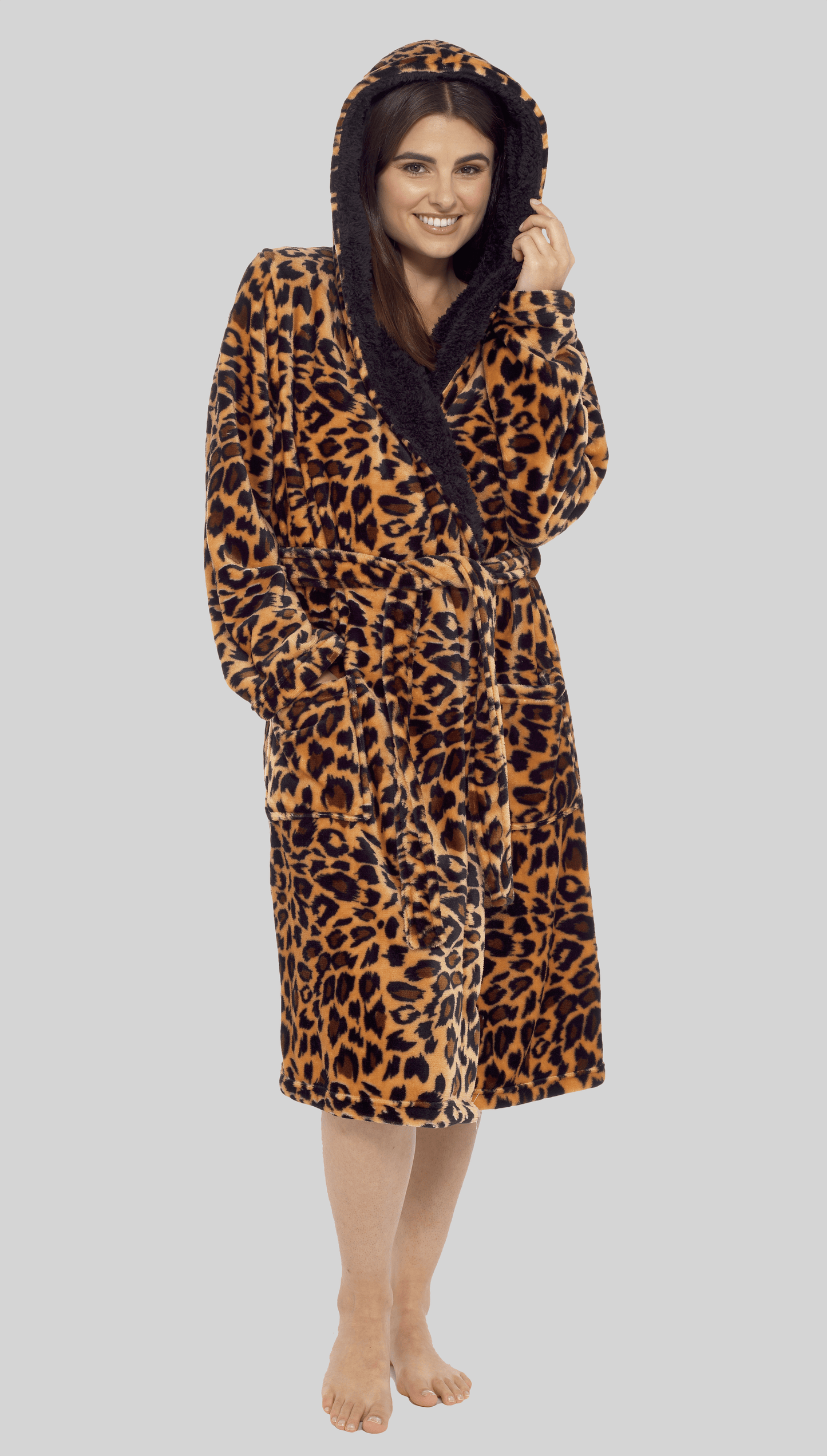 Leopard Plush Fleece Hooded Robe Dressing Gown With Reversible Sherpa Lining SMALL | UK 8-10 Daisy Dreamer Dressing Gown