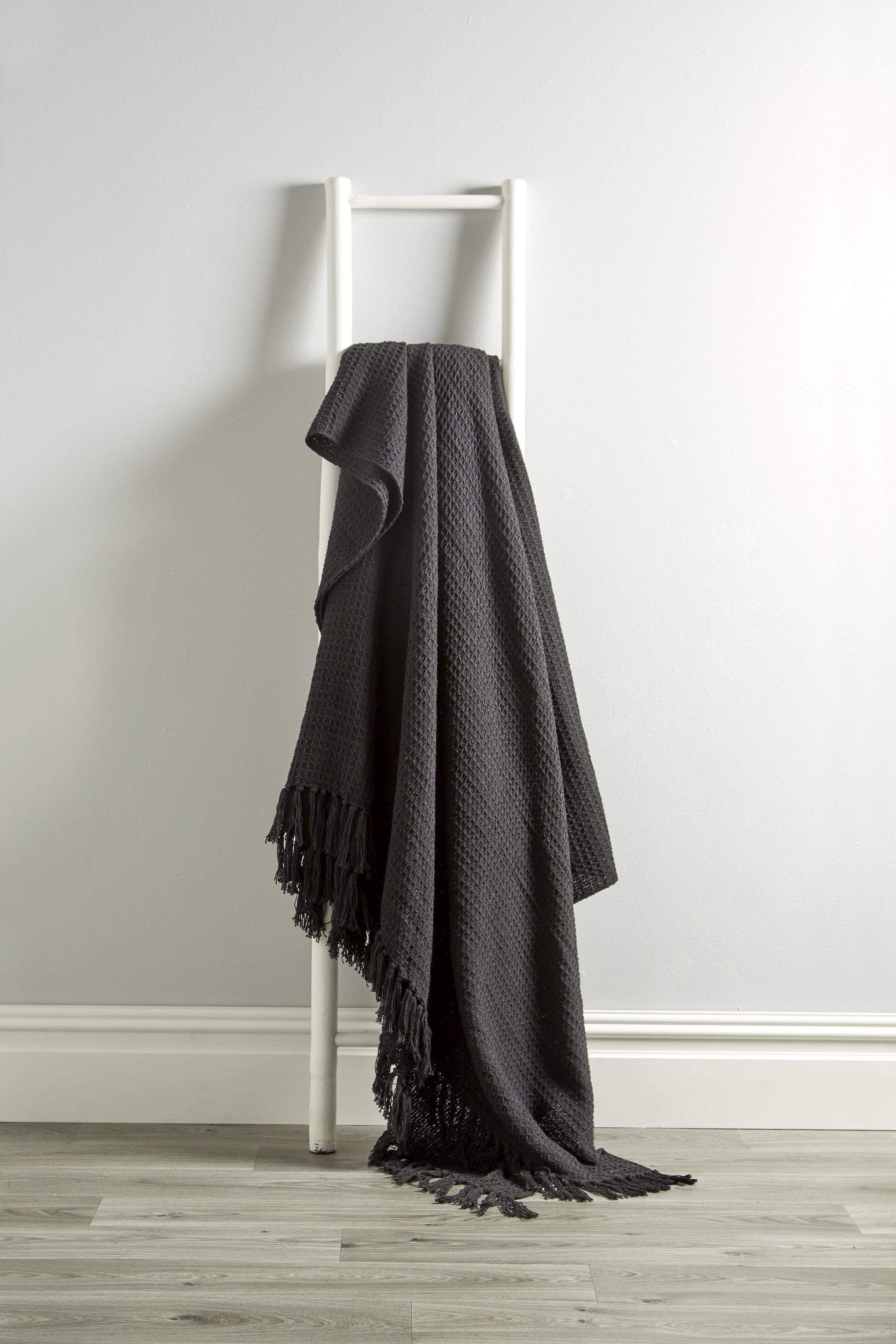 Lisbon Pure Indian Cotton Handwoven Honeycomb Throw Blanket Luxurious Soft Lightweight Easycare Cover for Sofa Bed or Living Room Available in 10 Colours and Sizes by OLIVIA ROCCO 127 x 152 cm / BLACK Throw