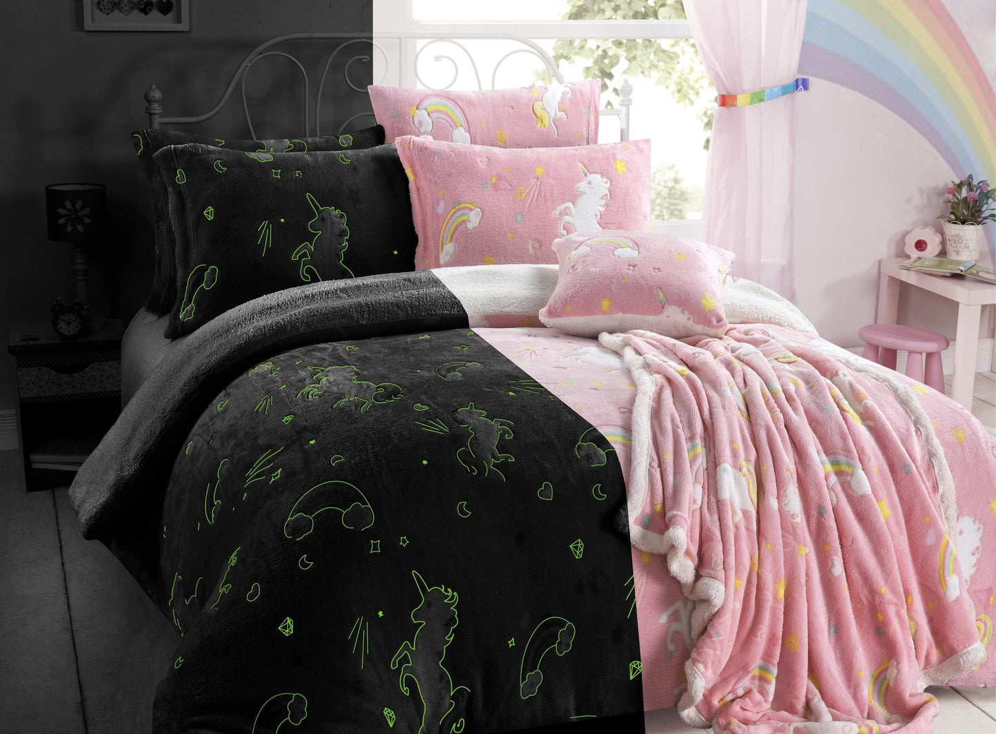Rainbow Unicorn Glow In The Dark Teddy Duvet Set OLIVIA ROCCO Duvet Cover