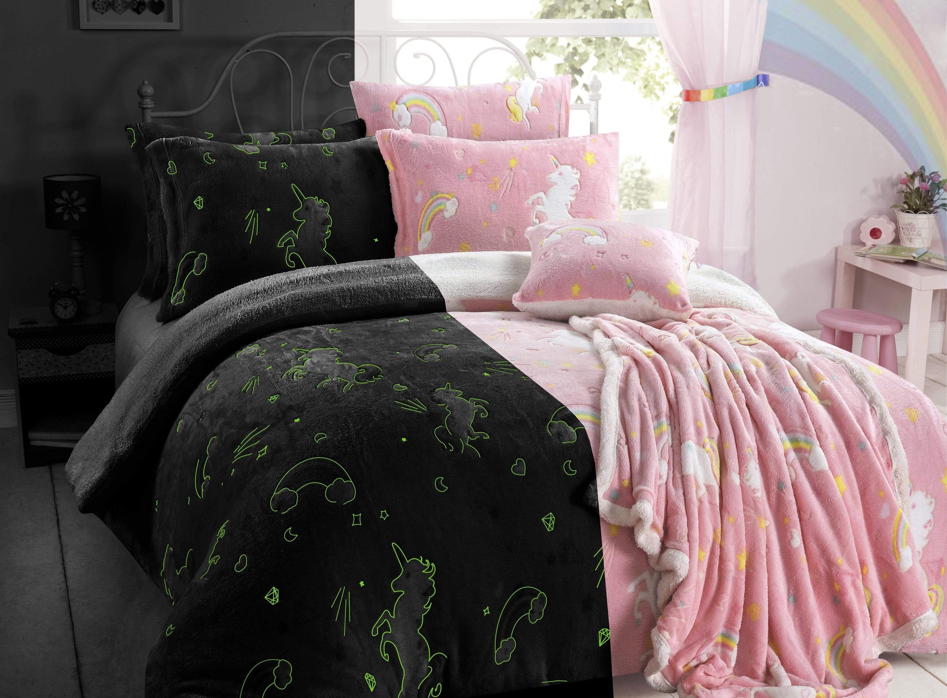 Rainbow Unicorn Glow In The Dark Teddy Duvet Set OLIVIA ROCCO Duvet Cover