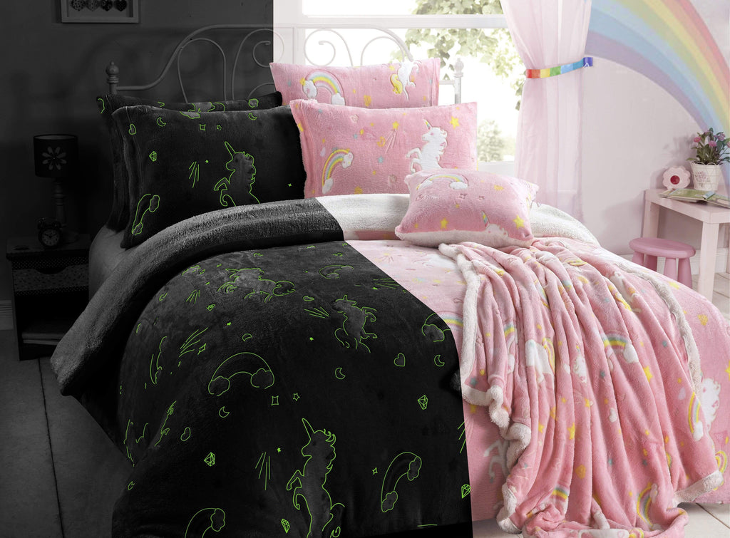 Magical Glow In The Dark Rainbow Unicorn Teddy Fleece Duvet Set for Ki OLIVIA ROCCO