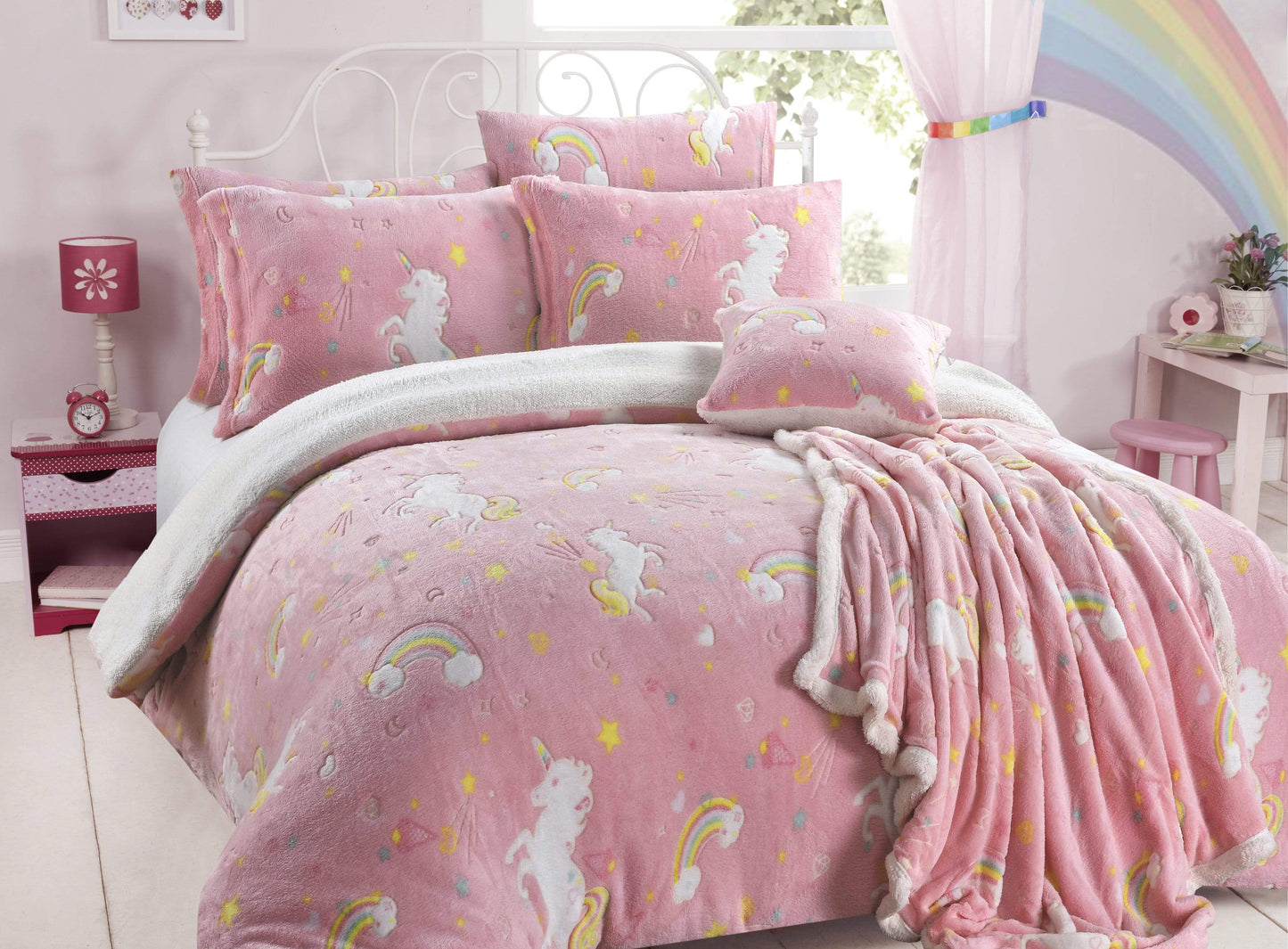 Rainbow Unicorn Glow In The Dark Teddy Duvet Set SINGLE OLIVIA ROCCO Duvet Cover