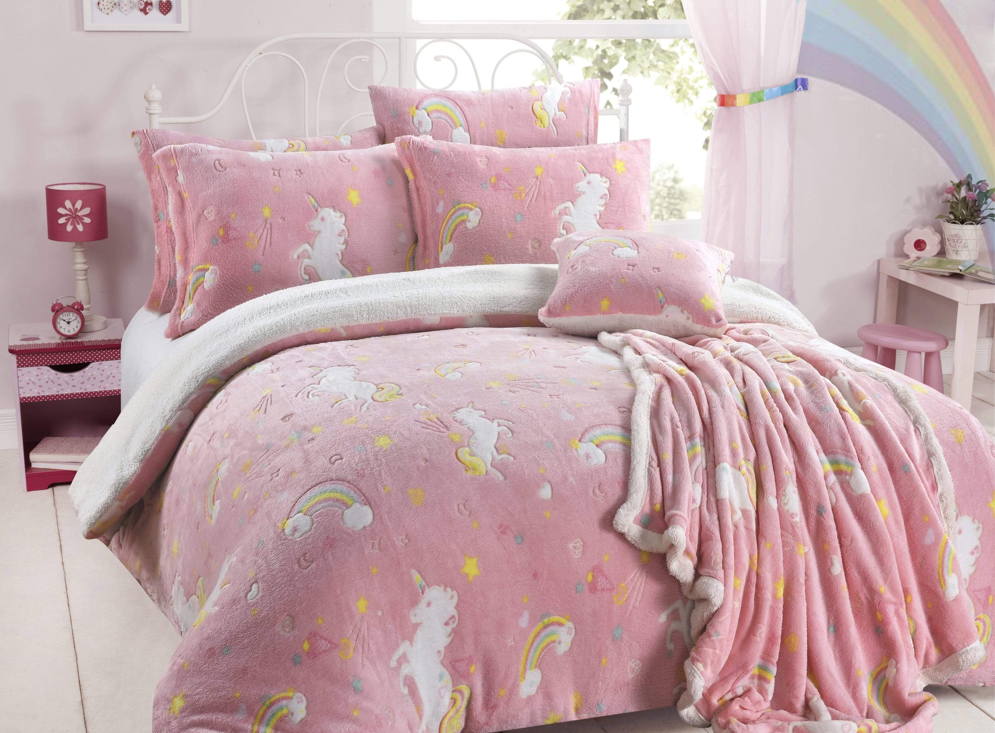 Rainbow Unicorn Glow In The Dark Teddy Duvet Set SINGLE OLIVIA ROCCO Duvet Cover